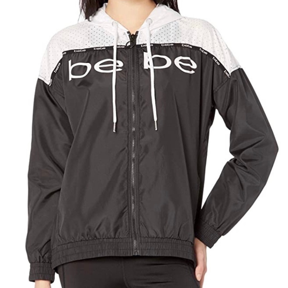 BEBE Woven Black White Logo Hooded Jacket w/ Vented Perforated Panel & Logo Tape